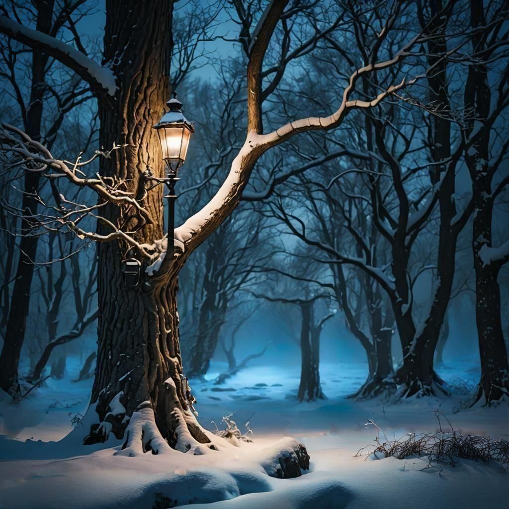 Mysterious Winter Forest at Twilight with Lamppost