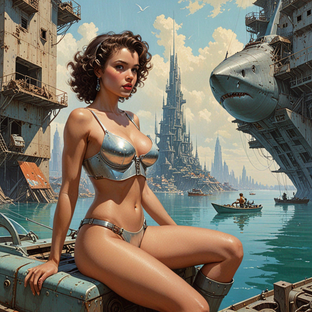 Cyberpunk Goddess on Futuristic Boat
