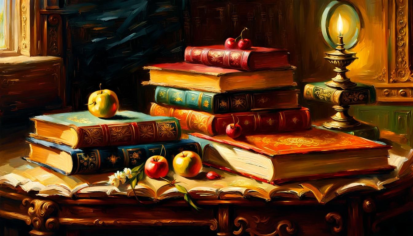 Elegant Still Life of Books in Oil
