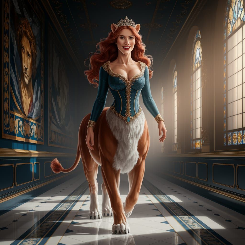 Majestic Lioness-Centaur in Palace Hall as Oil Painting
