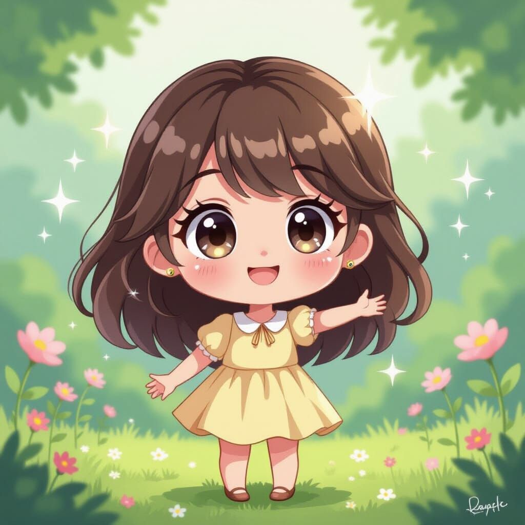 Chibi Character with Sparkling Eyes in Soft Pastel Colors