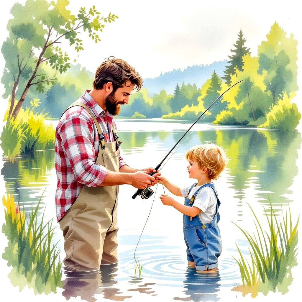 Watercolor Painting of a Father Teaching Son to Fish