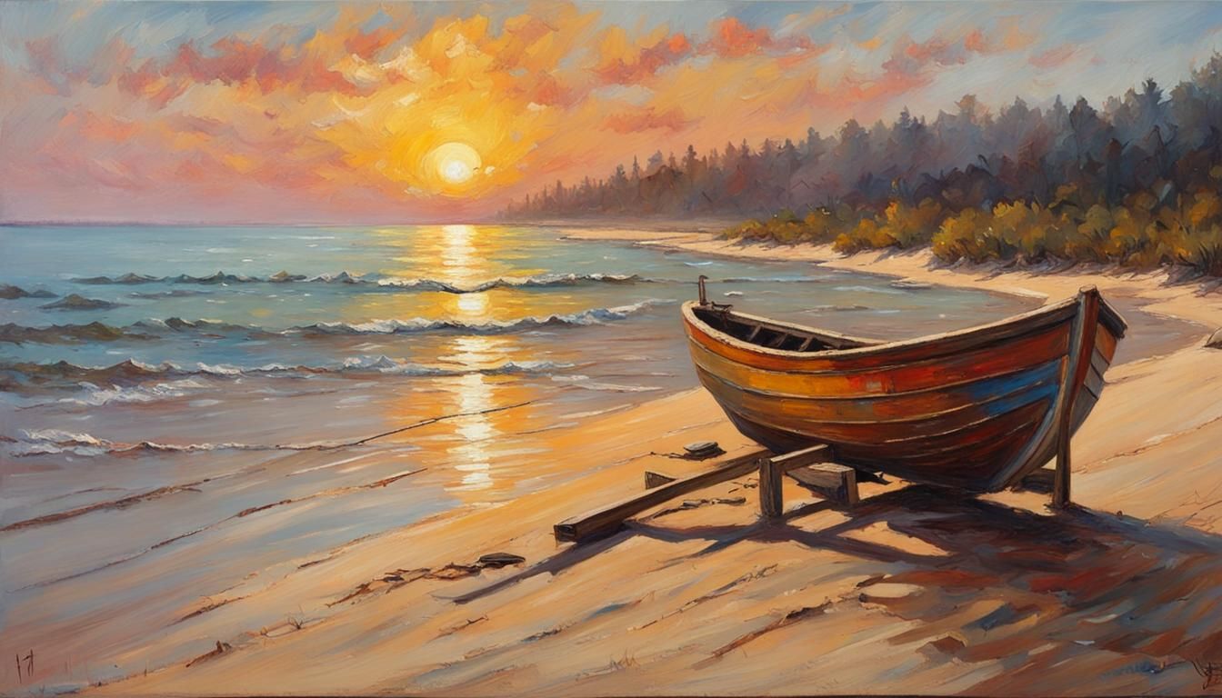 Fisherman Boat on Sandy Beach Sunset: Oil Painting