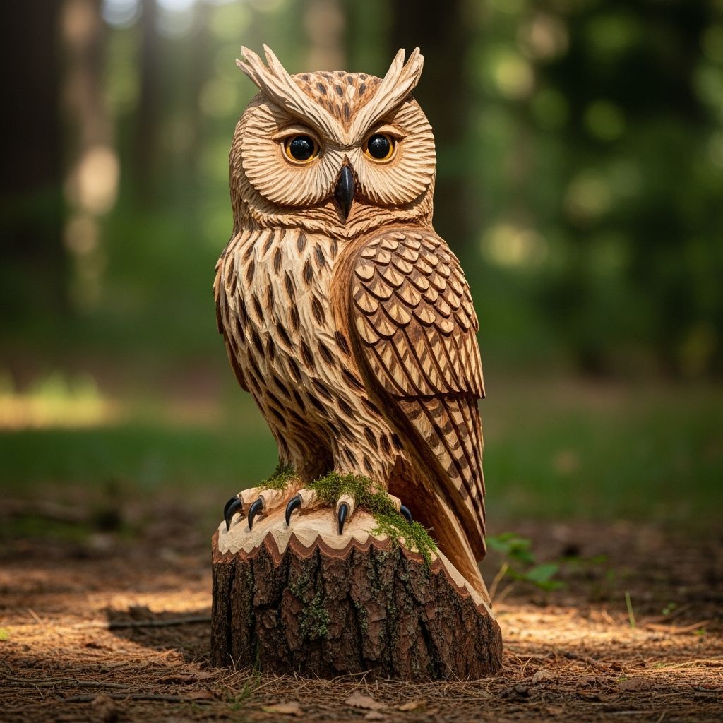Majestic Owl Carving in Forest Clearing