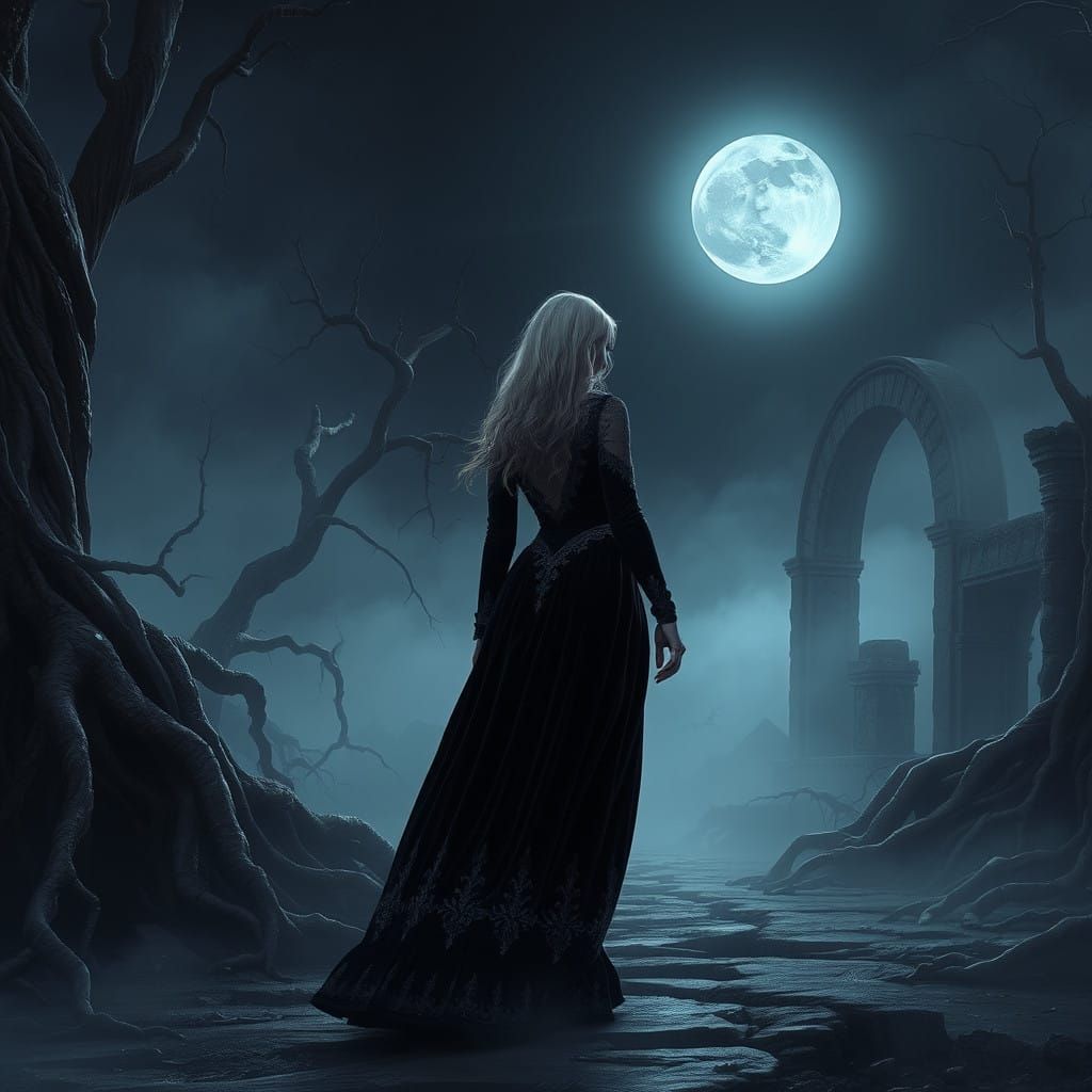 Gothic Goddess Walks Under Starlight