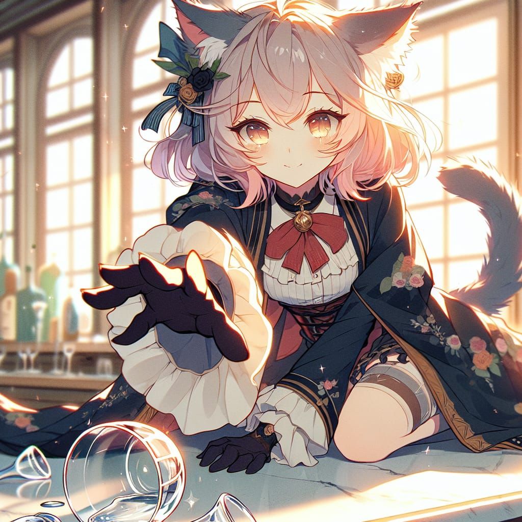Mischievous Anime Cat About to Break a Glass
