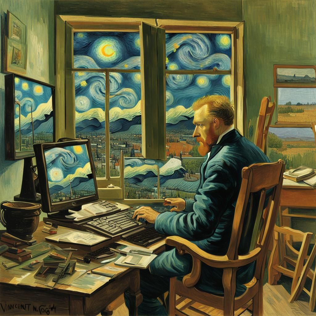 Artist Creating Digital Art in Van Gogh Style