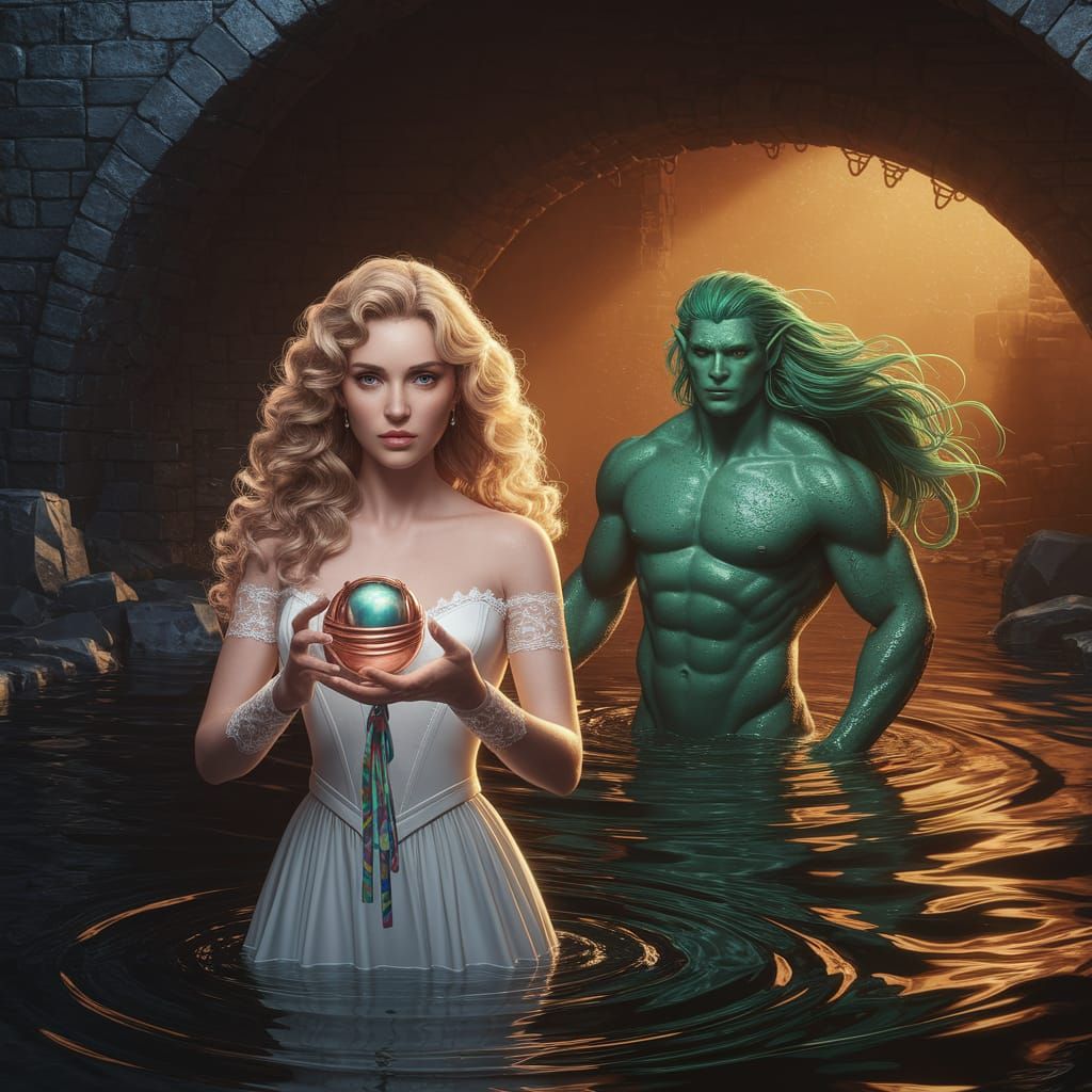 A Mysterious Underworld Bride Stands Waist-Deep in a Dark Ri...