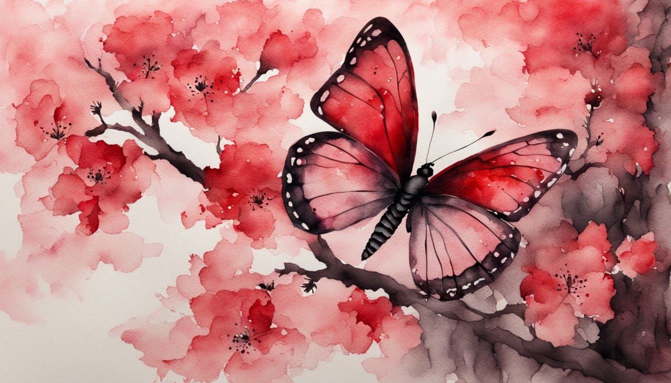 Vibrant Red Butterfly in Cherry Blossom Haze