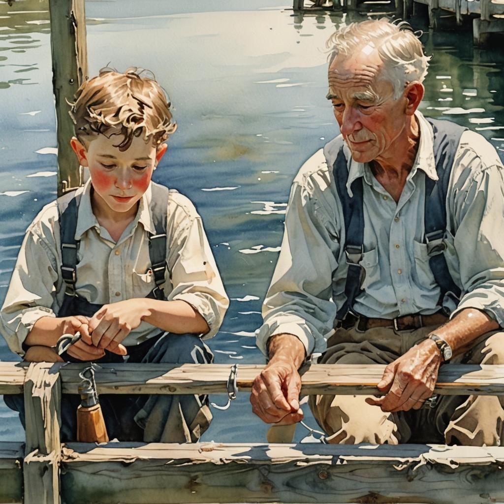 Boy Fishing with Family in Watercolor Style