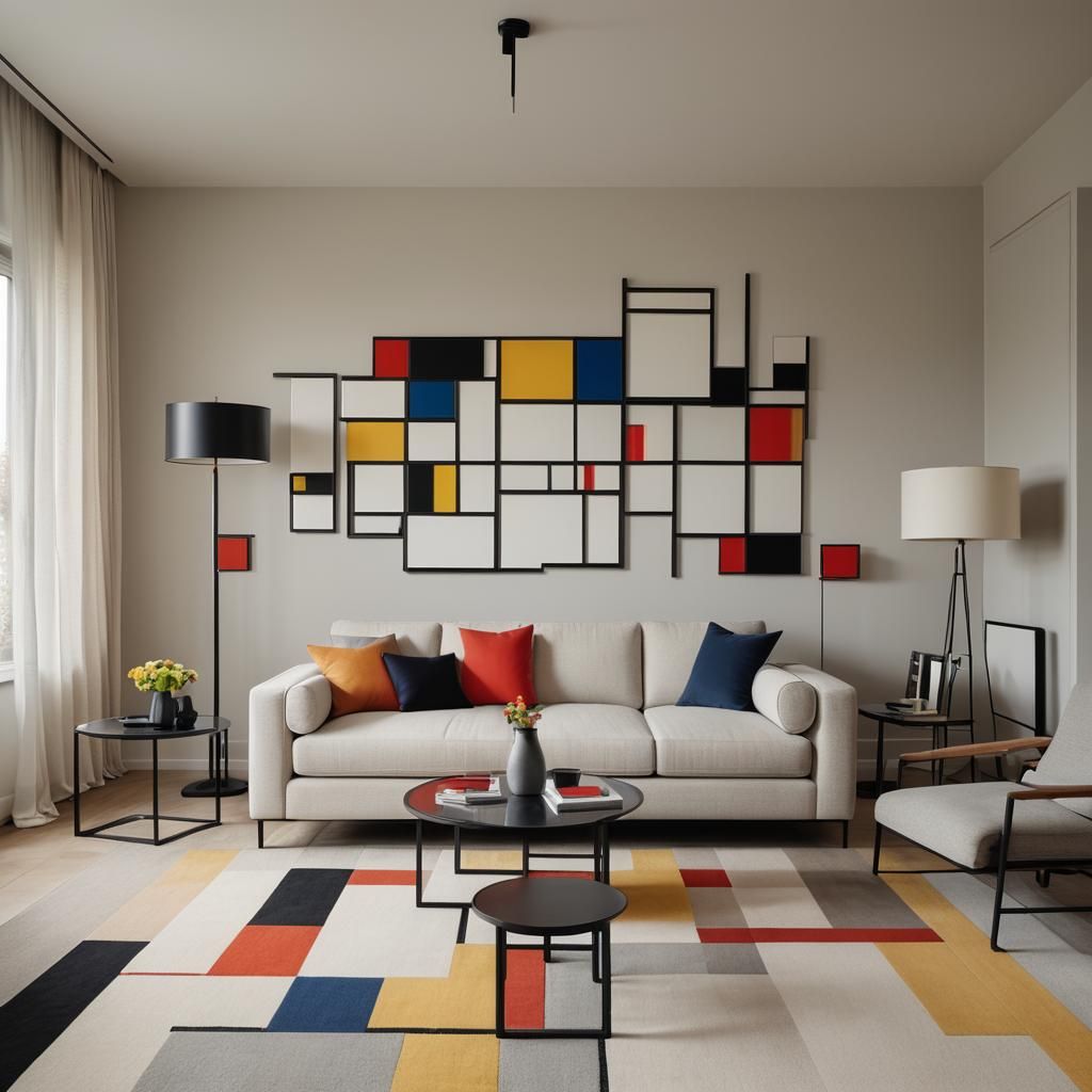 Geometric Living Room Interior in De Stijl Style