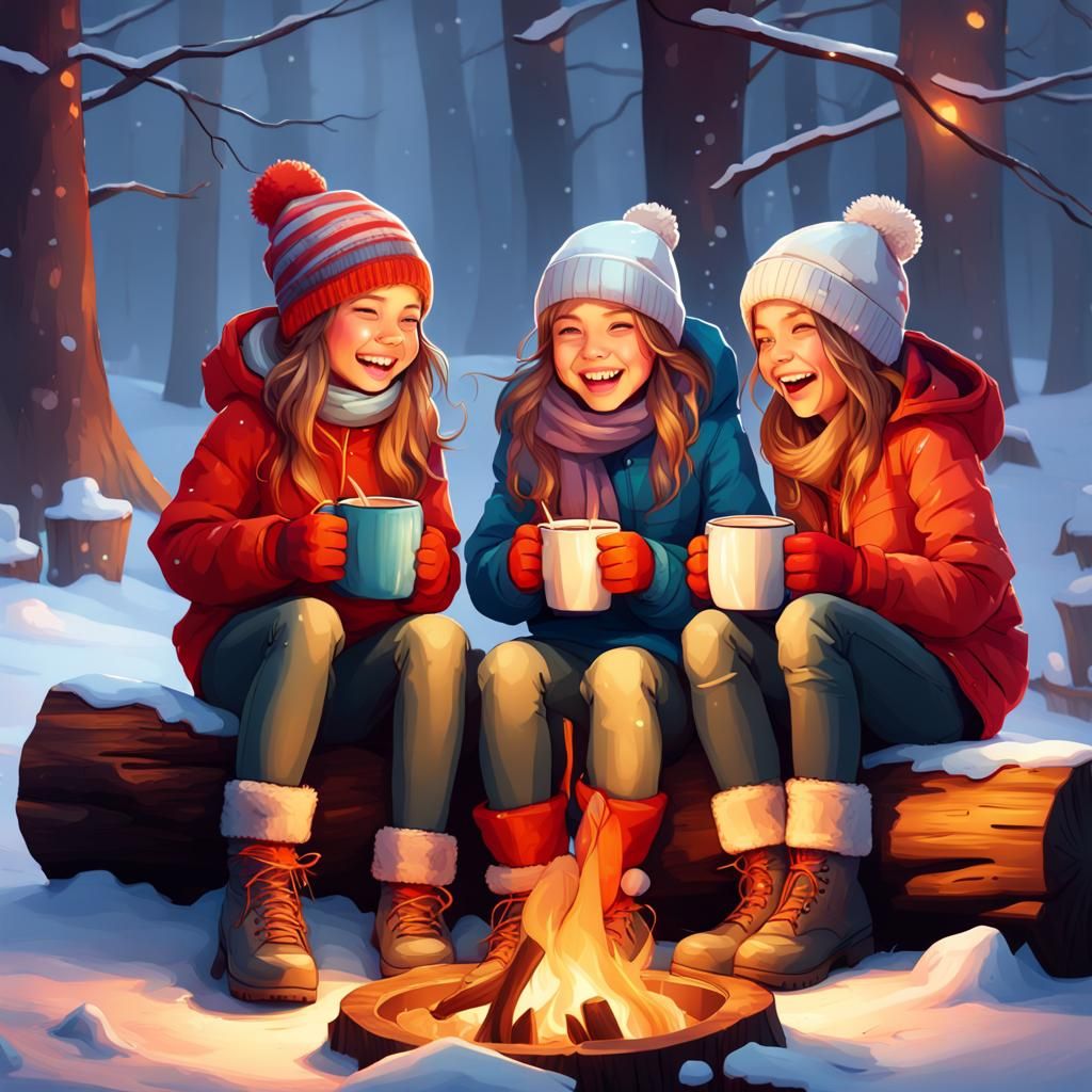 Festive Winter Campfire Scene in Hyperdetailed Style