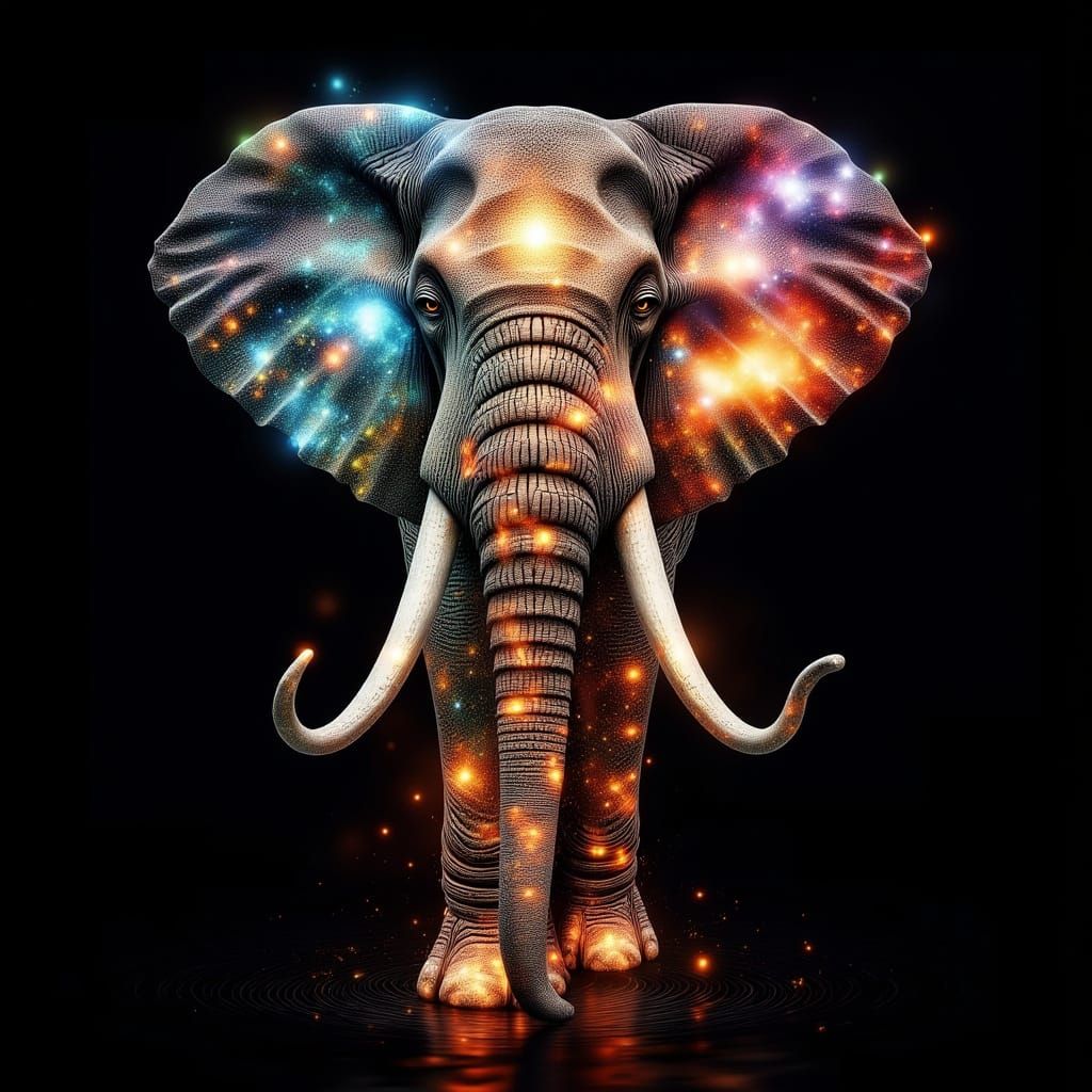 Bioluminescent Elephant in Surreal Double Exposure Art