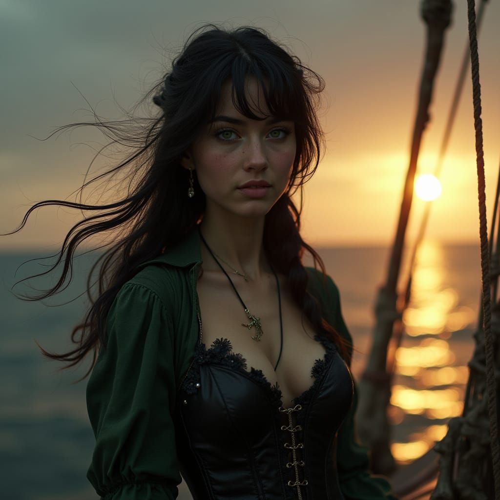Elegant Pirate in Black Leather Corset