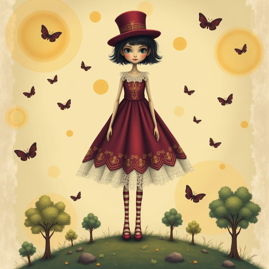 Girl in Burgundy Dress with Top Hat and Doodle Butterflies