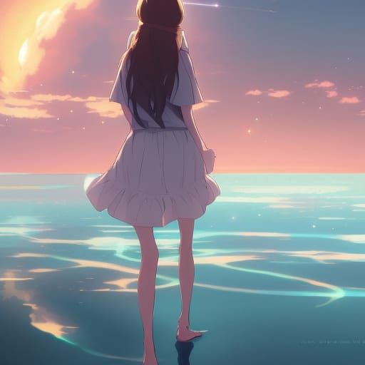 Anime Girl Walks on Water at Dawn