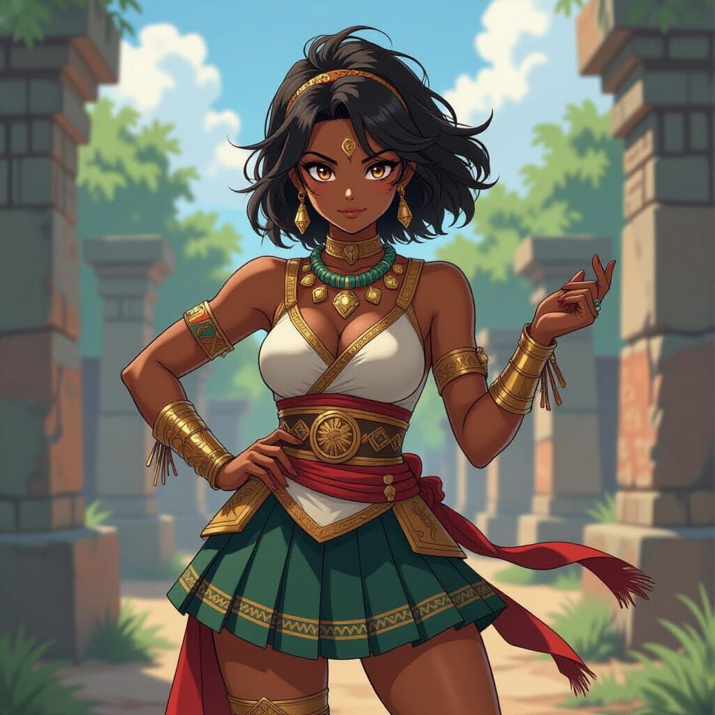 Anime Warrior in Aztec Dress, Ghibli Style