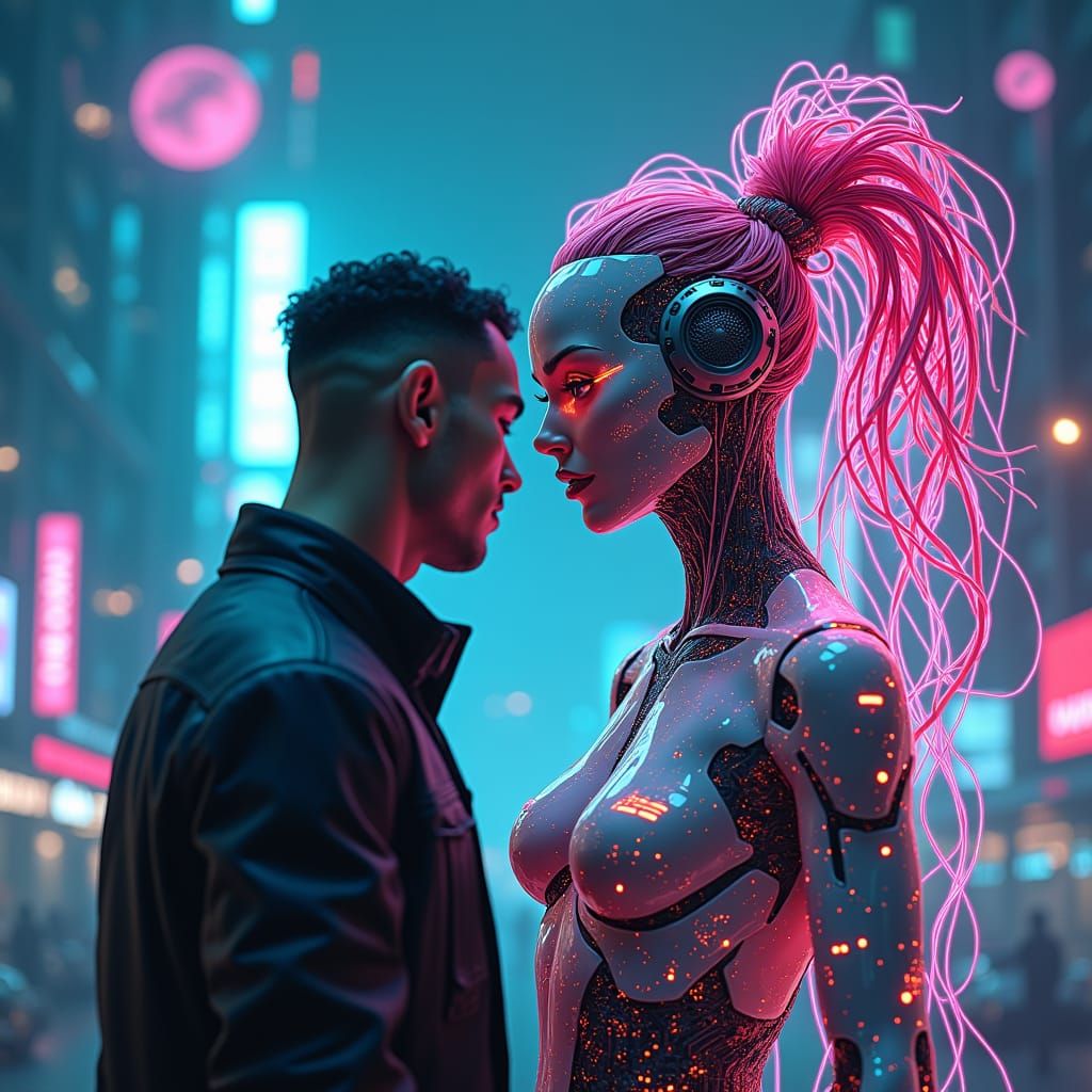 Holographic Circuit RoboWoman in Cyberpunk Cityscape