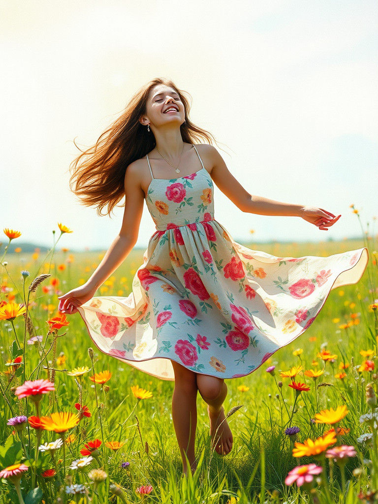 Carefree Woman Dancing in Vibrant Meadow, Surreal Art