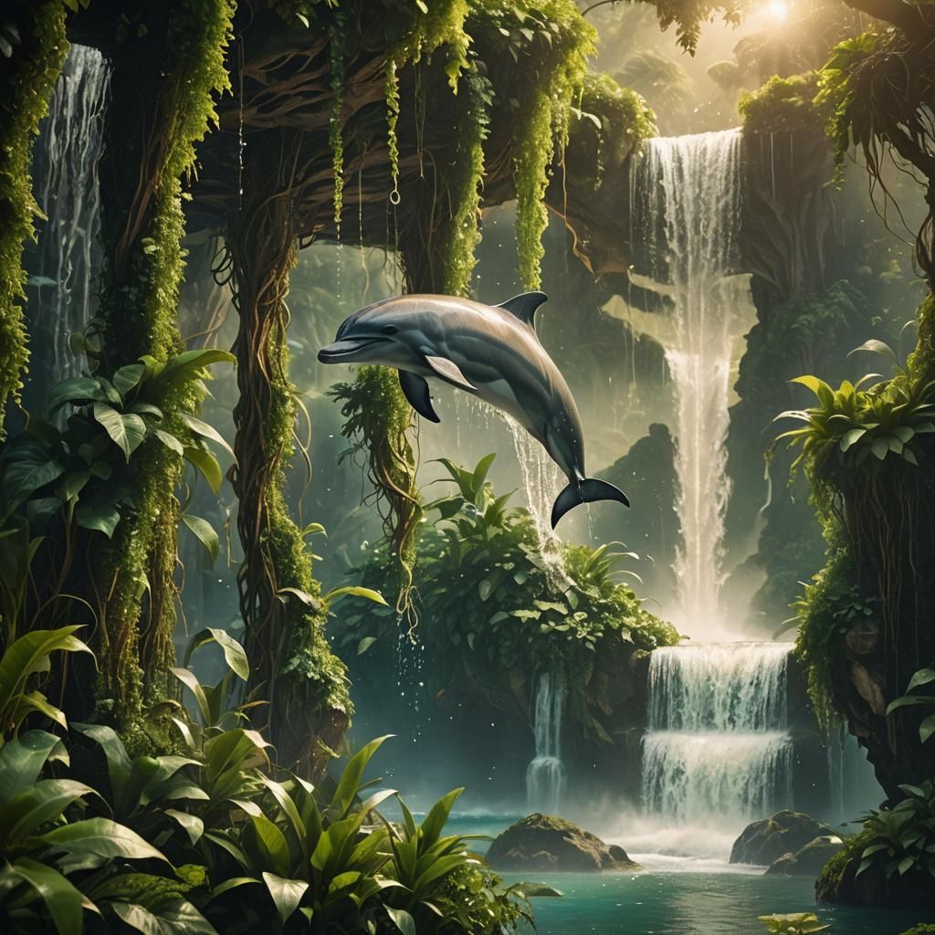 Vegetation Dolphin Leaps in Surreal Ocean Scene