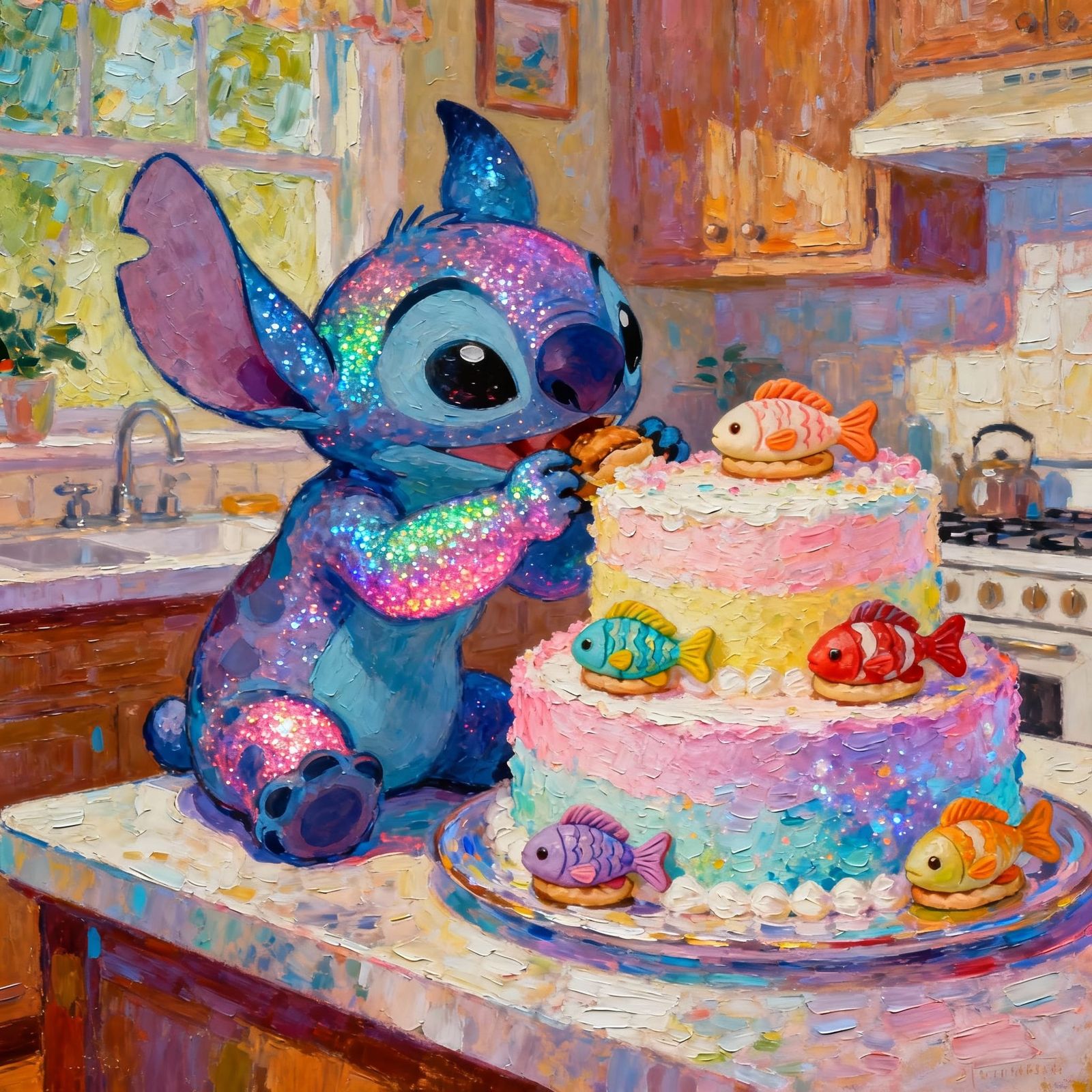 Stitch Eats Magical Cake, Changes Colors in Pastel Style