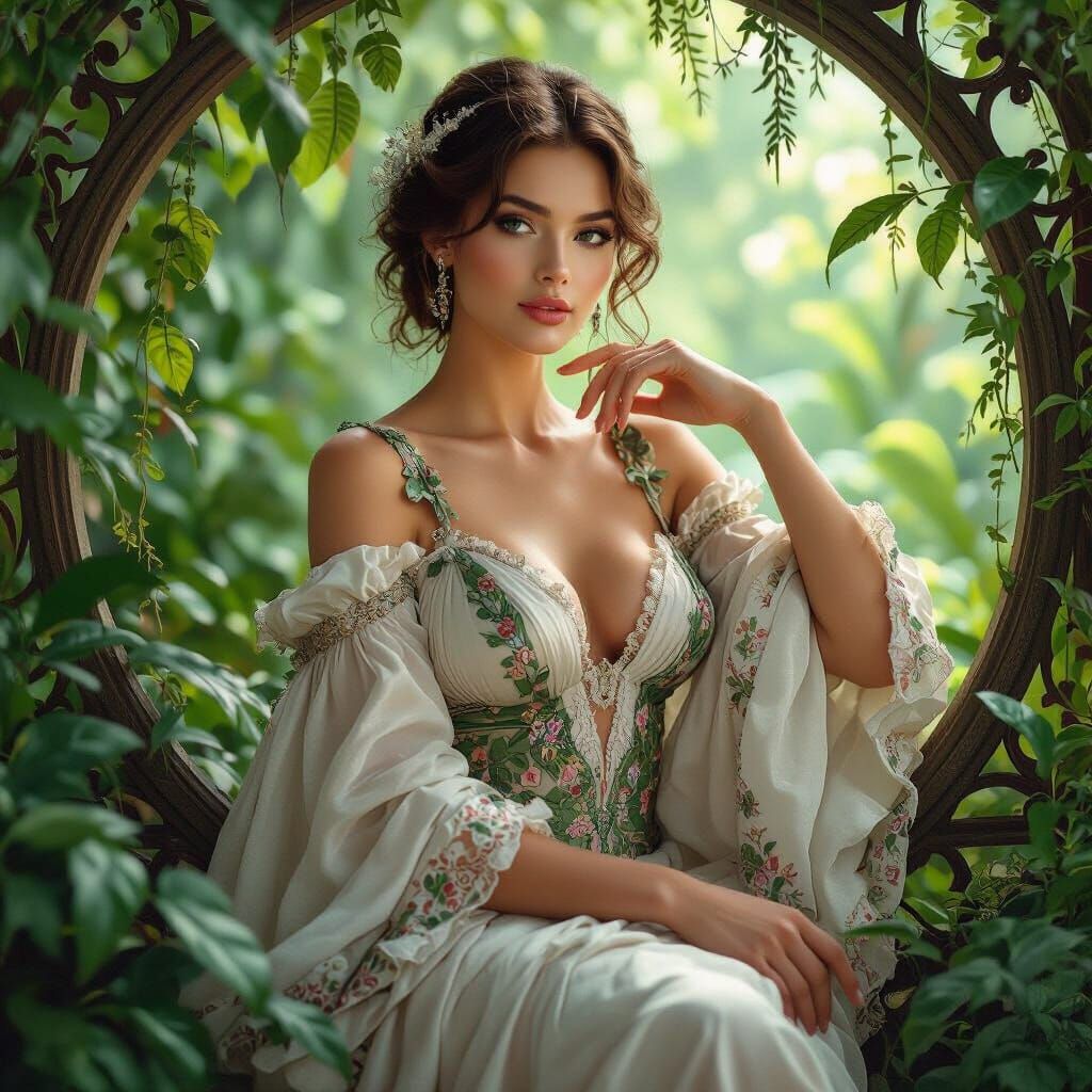 Elegant Woman in Lush Greenery, Art Nouveau Style