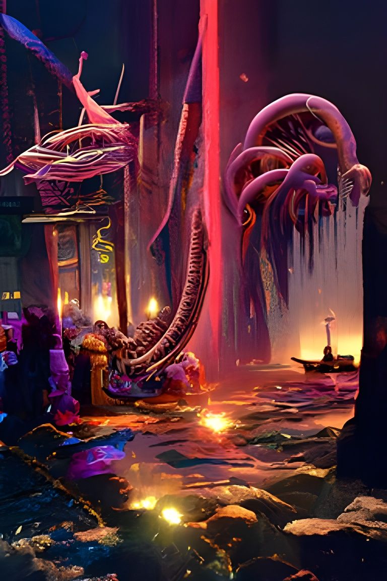 Bioluminescent Octopus Tavern in a Neon Fantasy Art Style