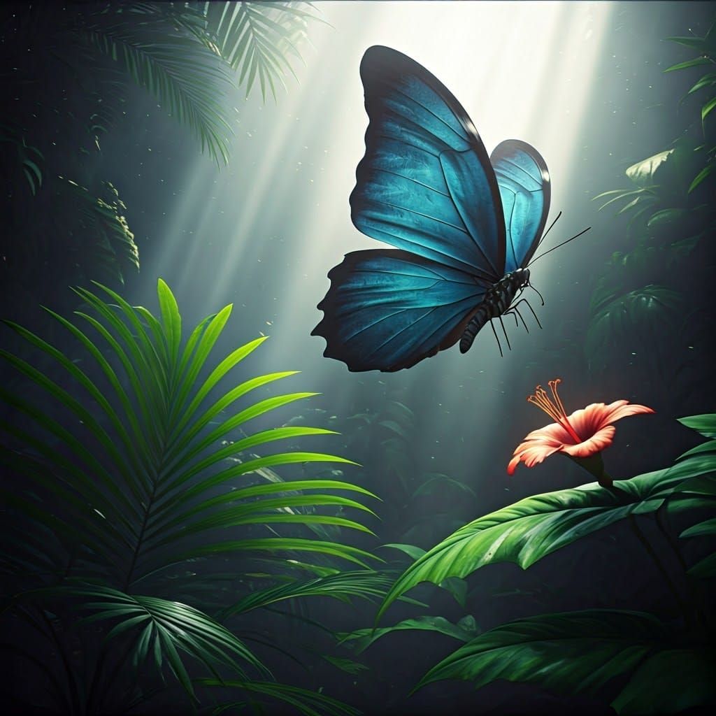 Iridescent Blue Morpho Butterfly in Tropical Haven