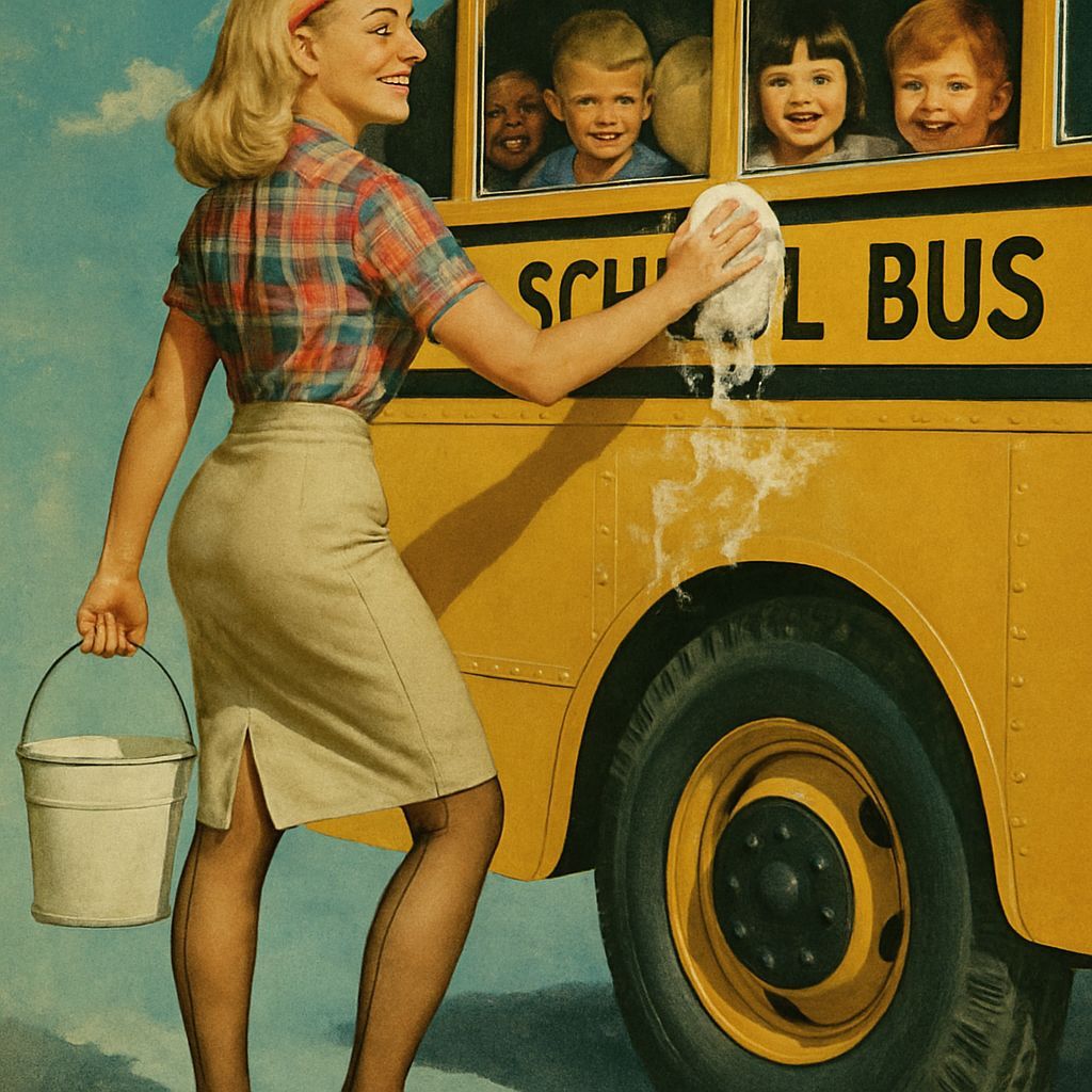Vintage Collage of Woman Washing School Bus