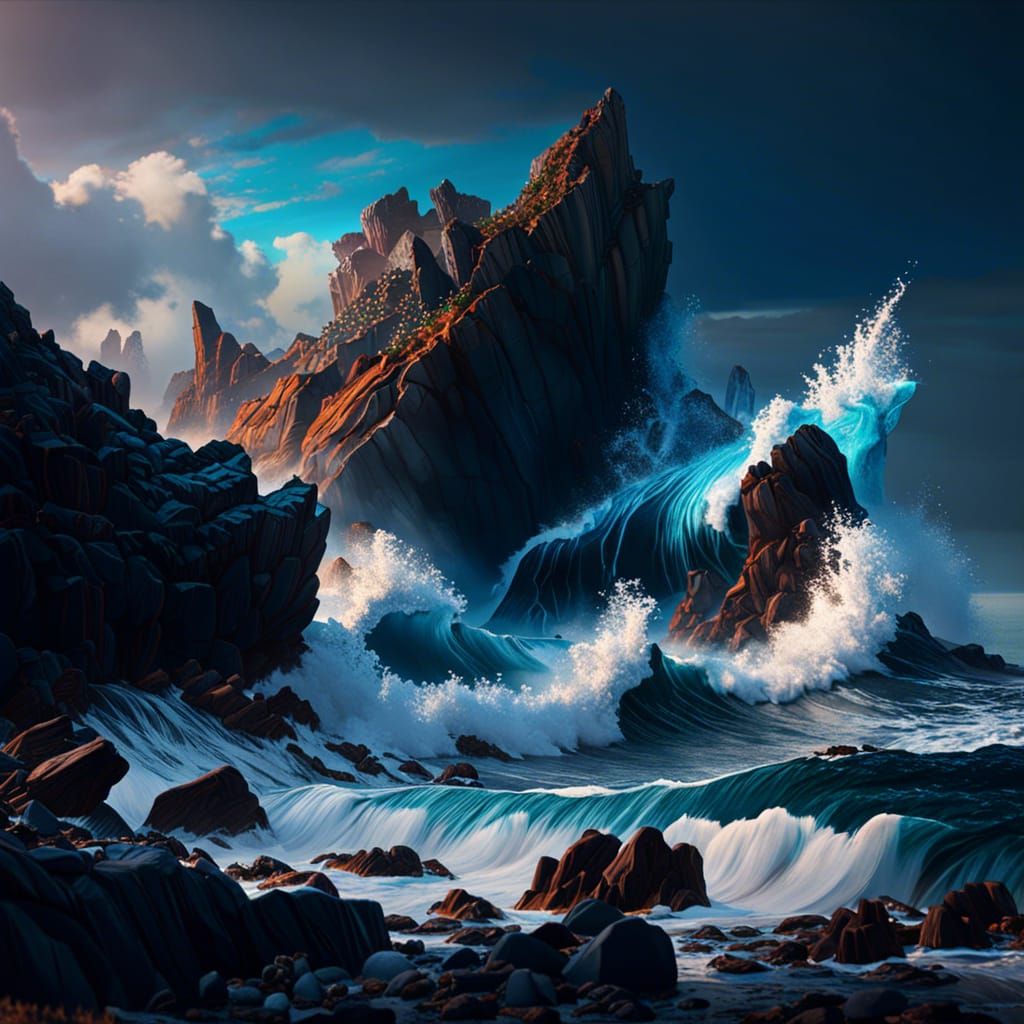 Dramatic Waves on Rocky Shoreline, Digital Art