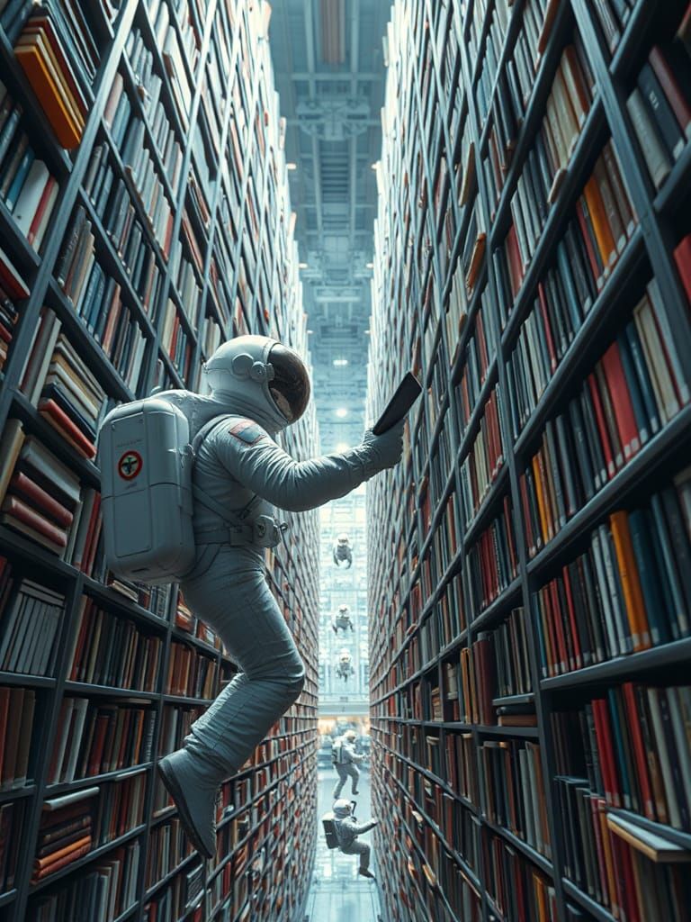 Cosmic Astronaut Grabs Book in Towering Library of the Stars