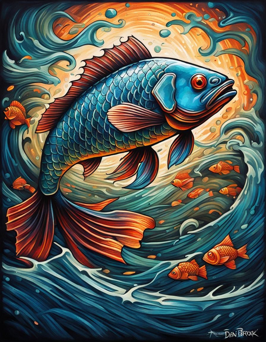 Chinese Fish Tattoo in Neo-Impressionist Style