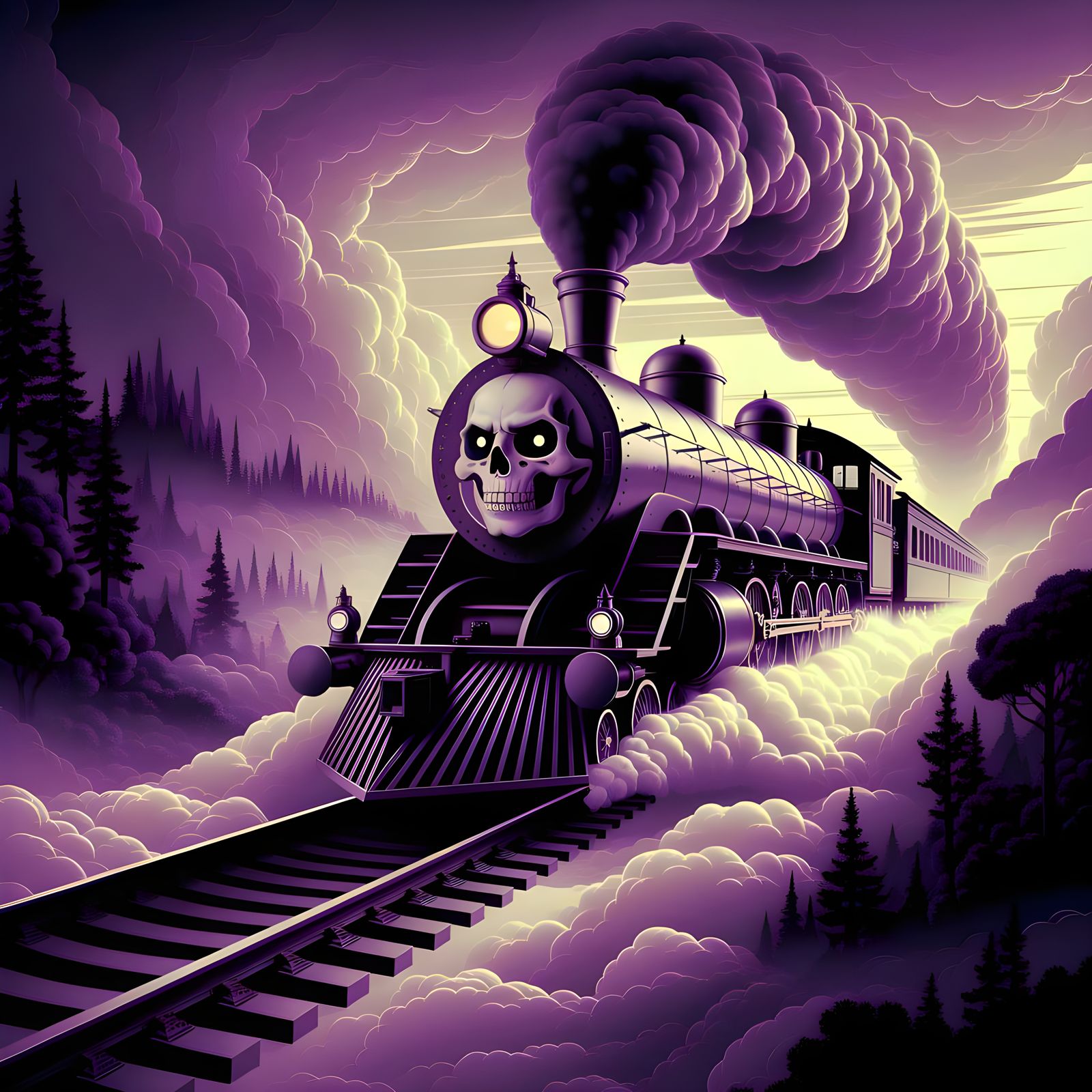 A train coming from the clouds with a skeleton face.