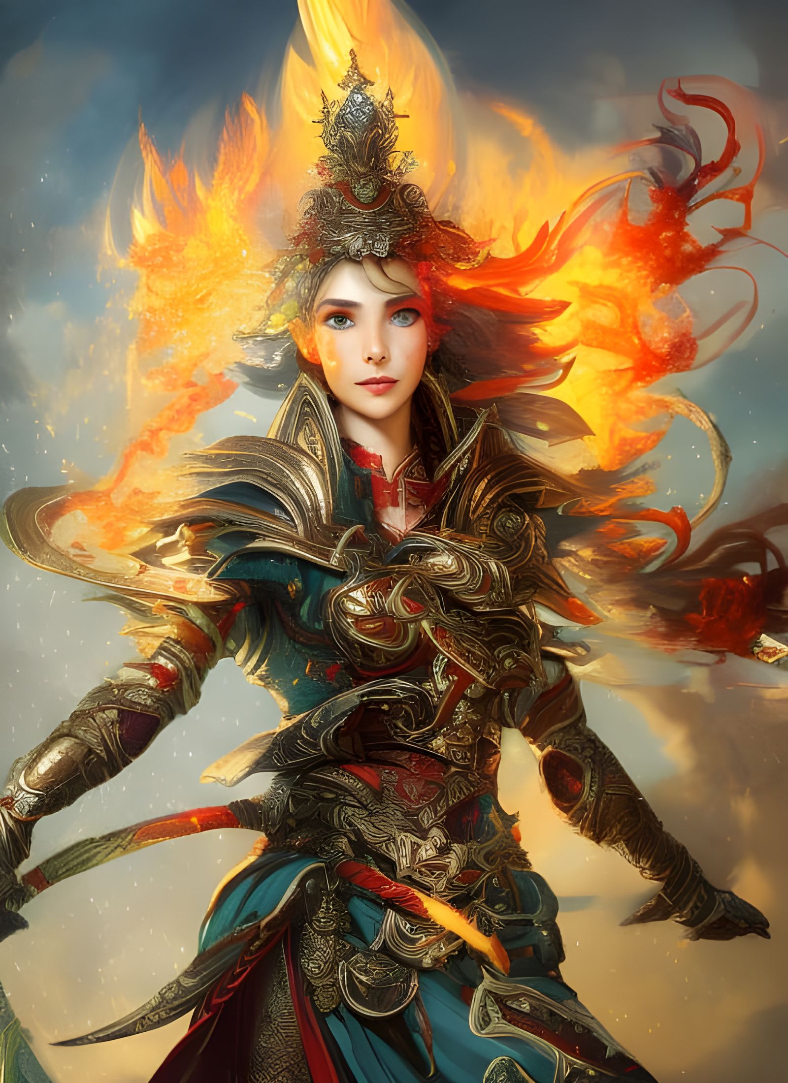 Fire Sorceress in Shining Armor, Hyper-Realistic Digital Art