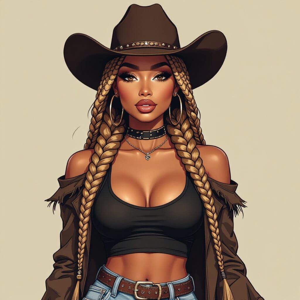 Glamorous Woman in Cowboy Outfit, Digital Illustration Style