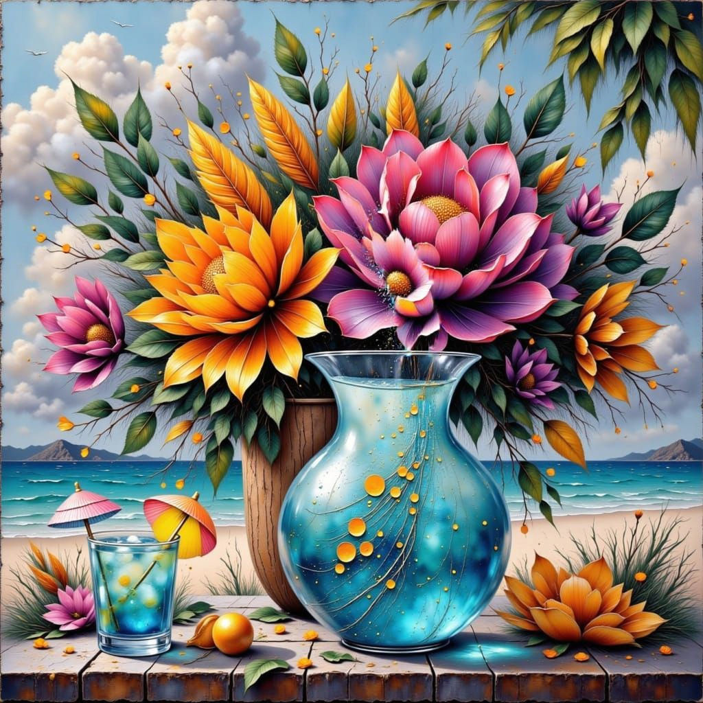 Floral Arrangement and Ocean View at Golden Hour