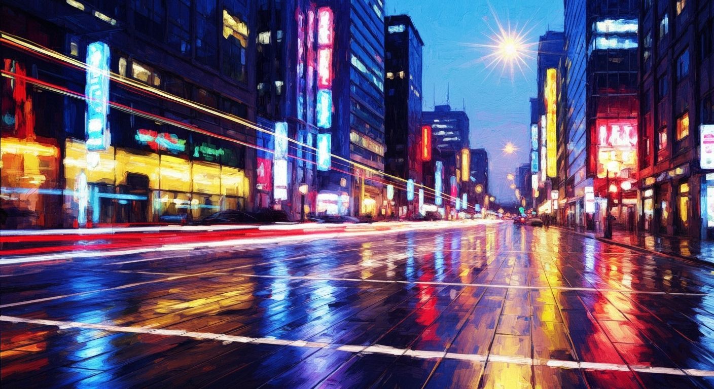 Vibrant Neon Cityscape at Dusk, Digital Impressionism