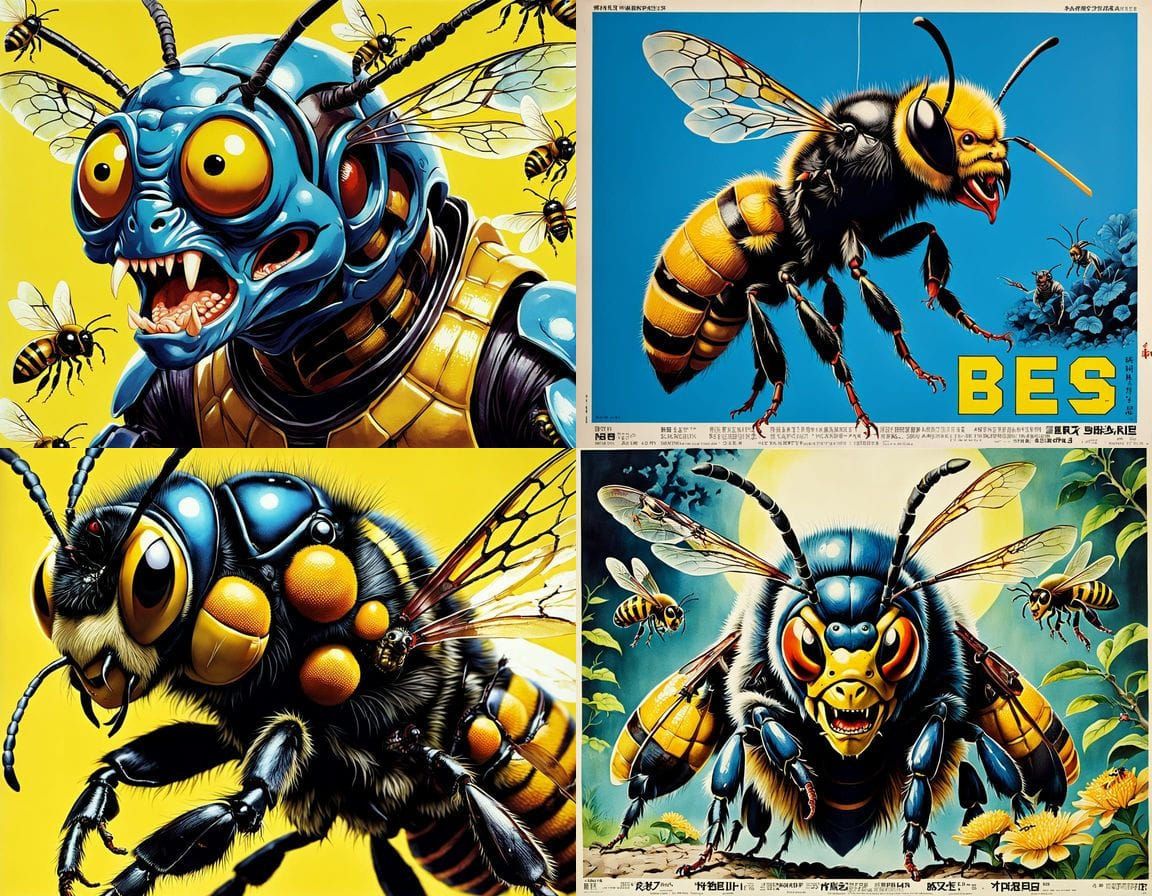 Grotesque Japanese Bees in 1970s Horror Movie Poster