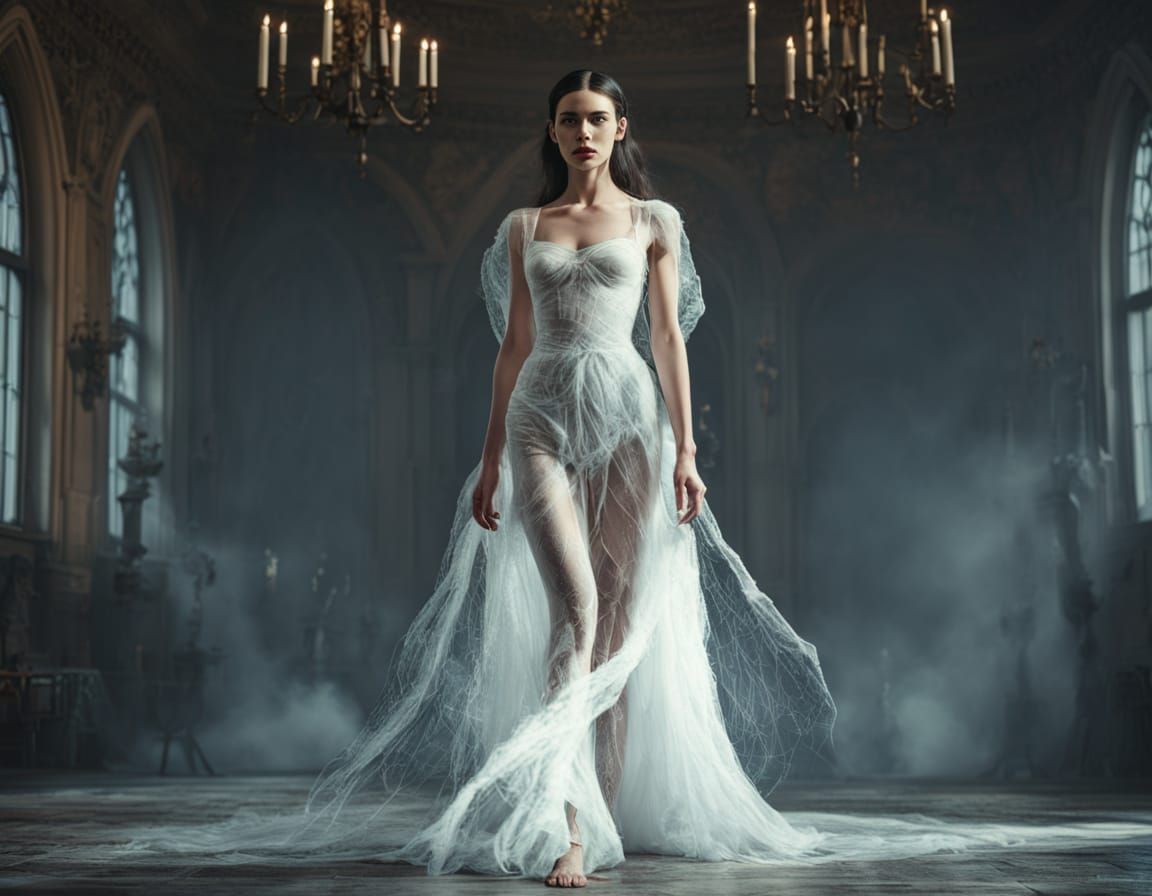 Ethereal Model in Spider Silk Dress on Gothic Runway