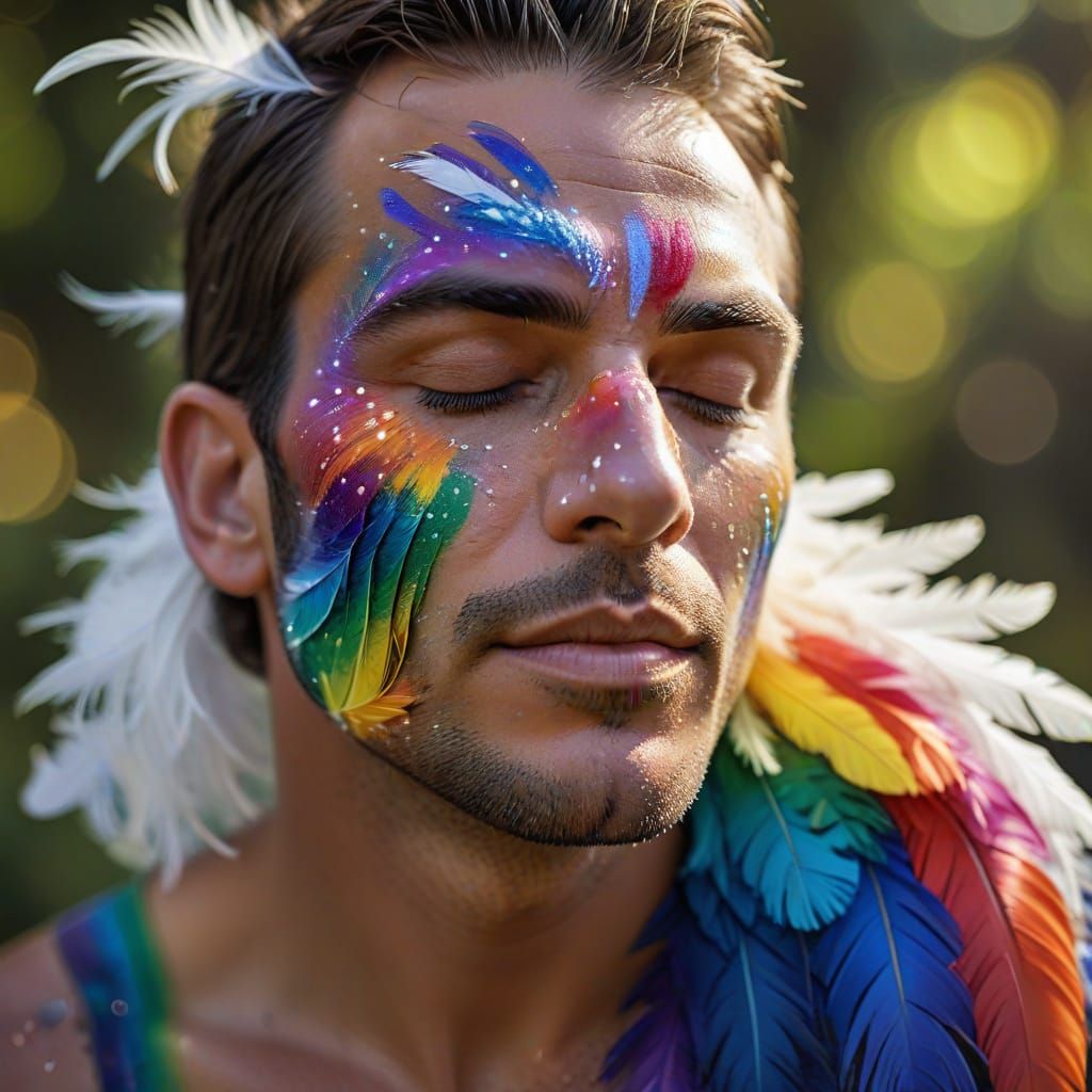 Rainbow Man Kissing Feather: Professional Portrait