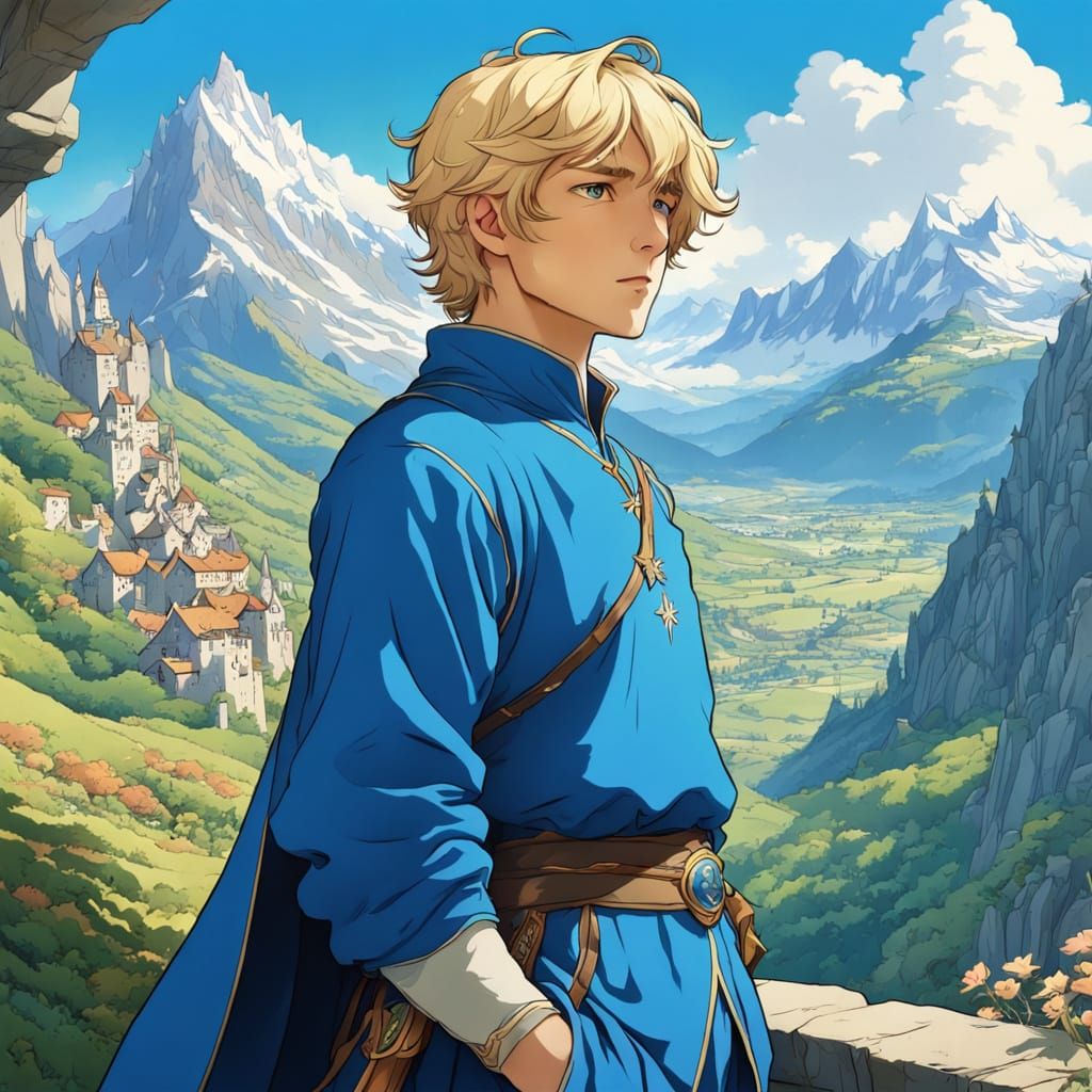 Medieval Blond Boy in Blue Amidst Majestic Mountains