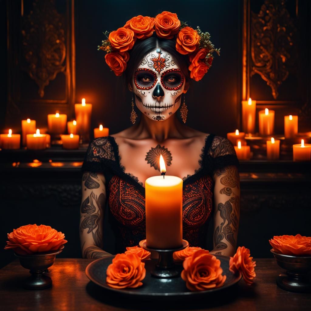 Hyperrealistic Sugar Skull Girl with Candles and Flowers