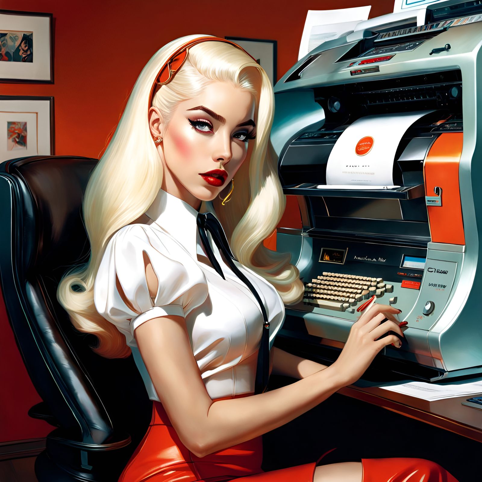 Glamorous Woman Poses with Fax Machine, Pin-Up Art