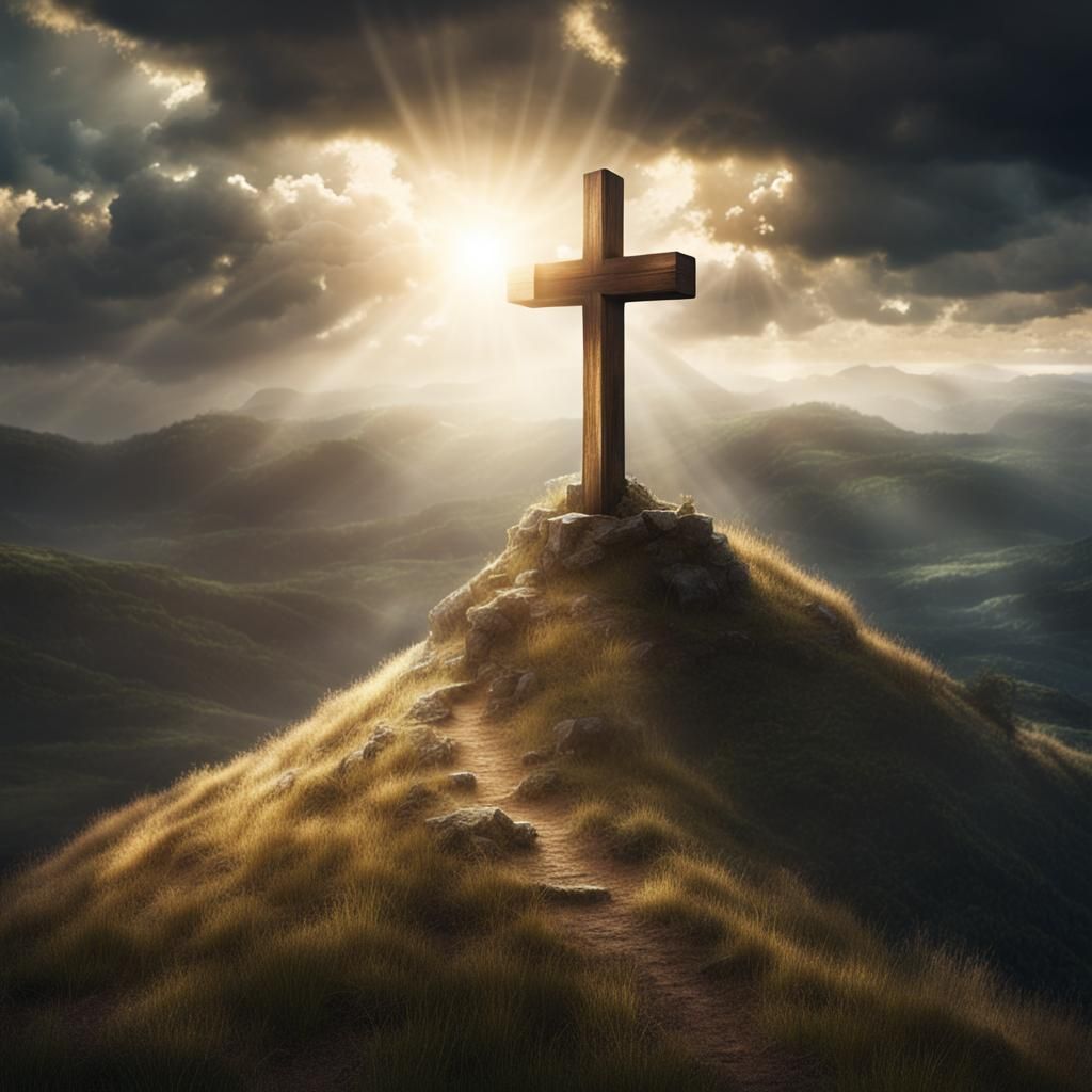 Sunlit Wooden Cross on Hillside: Digital Matte Painting