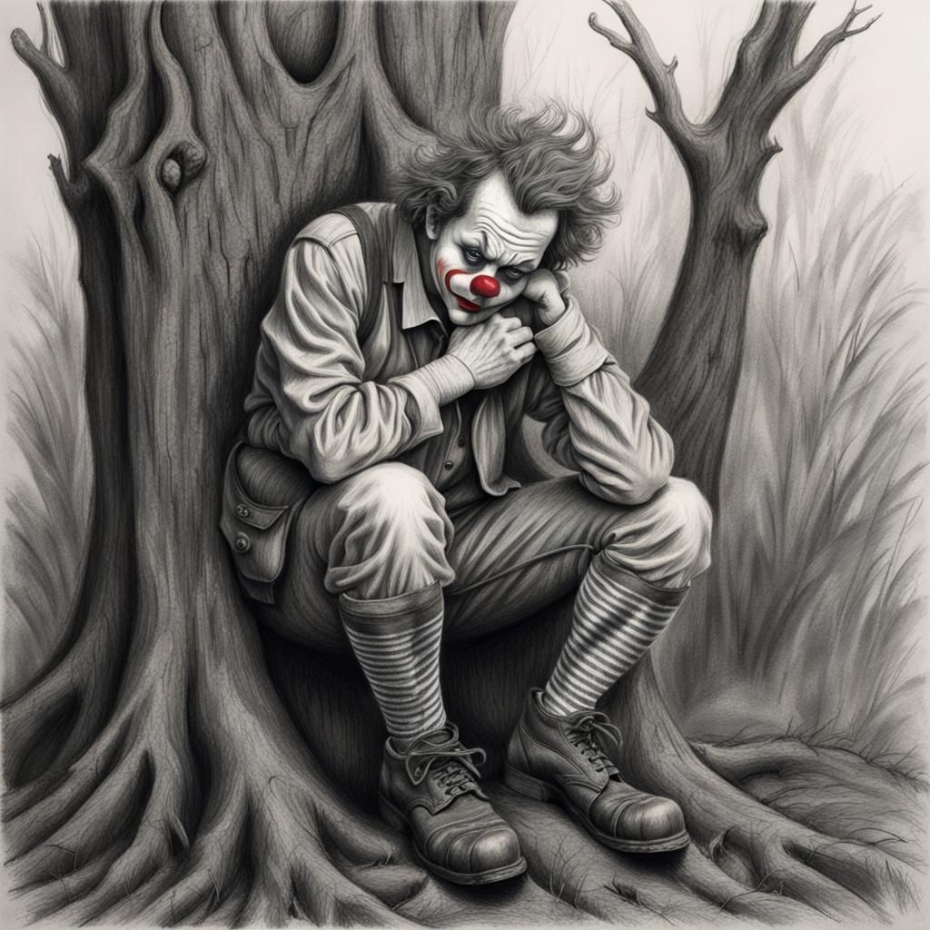 Depressed Clown in Charcoal Sitting on Tree Stump