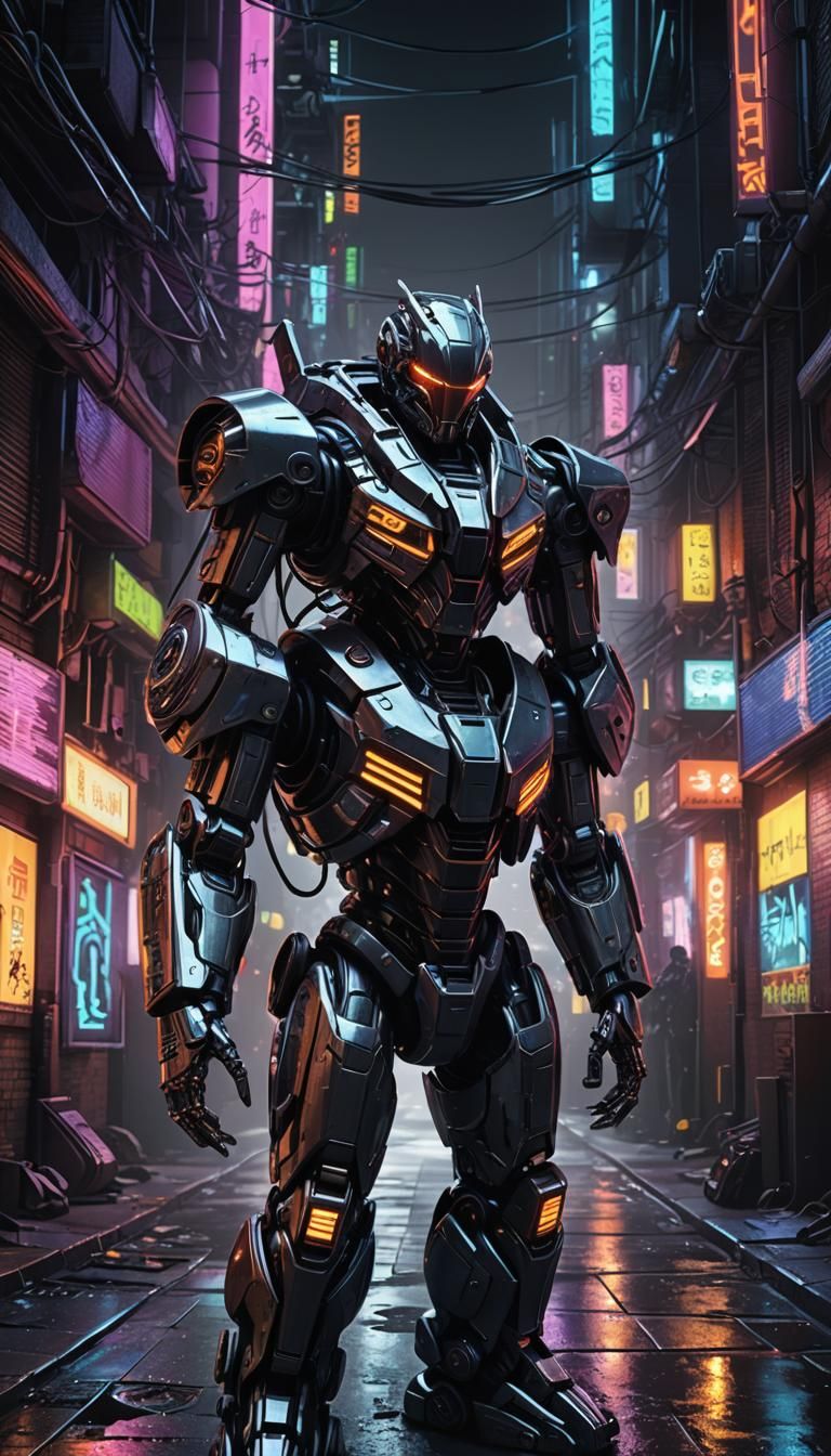 Robotic Assassin in Neon Alleyway: Cyberpunk Anime Art