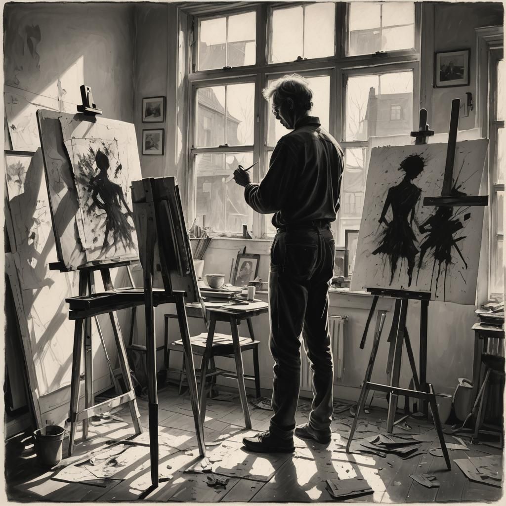 Monochrome Artist Silhouette in Light-Filled Studio