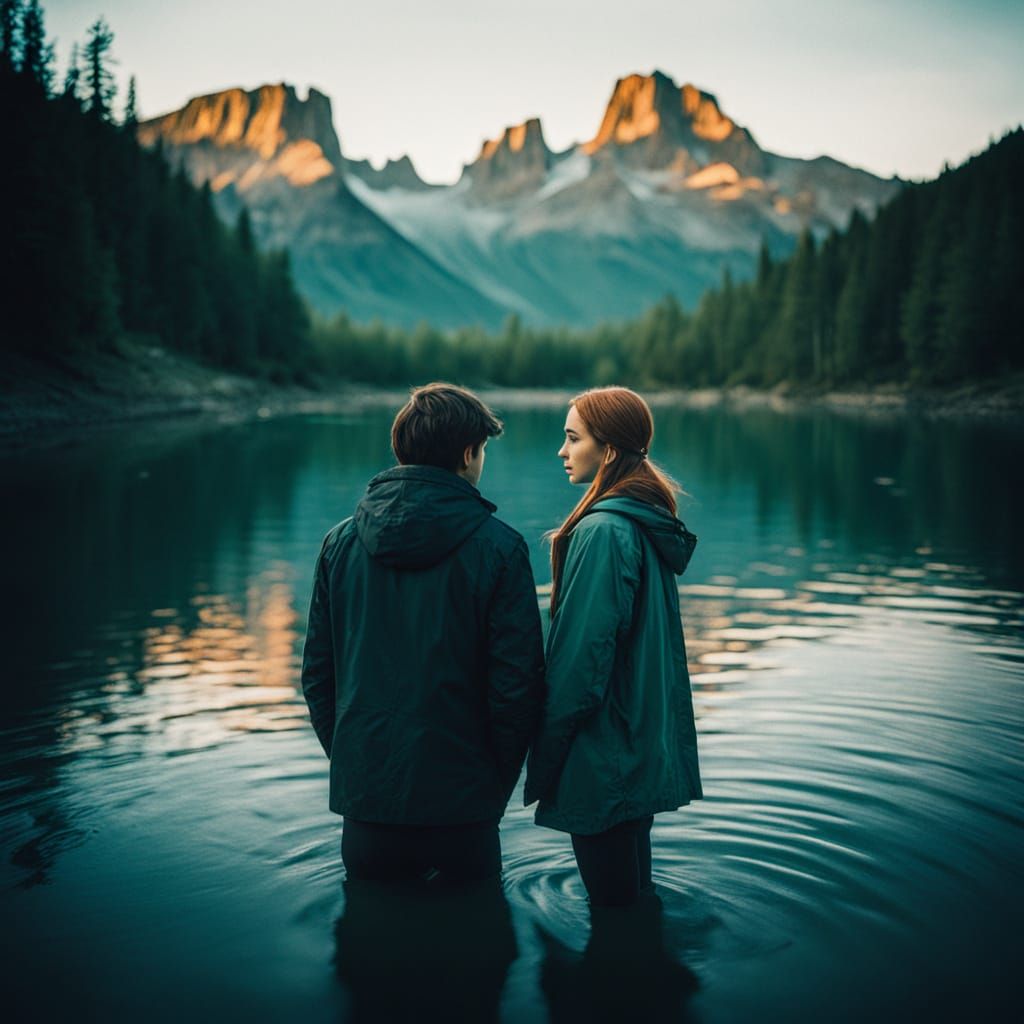 Hyperrealistic Couple Embrace at Sunset Lake