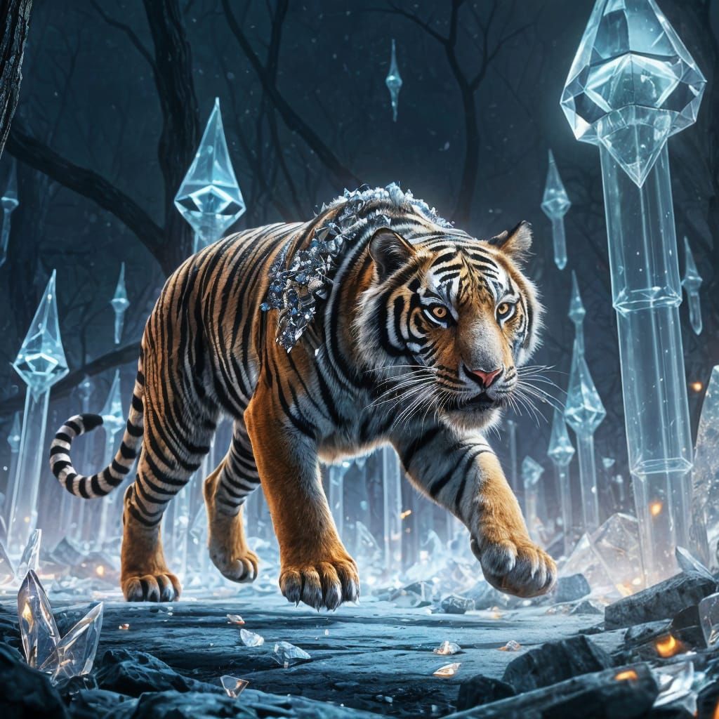 Majestic Diamond Tiger Roams Crystal Forest in Fantastical R...