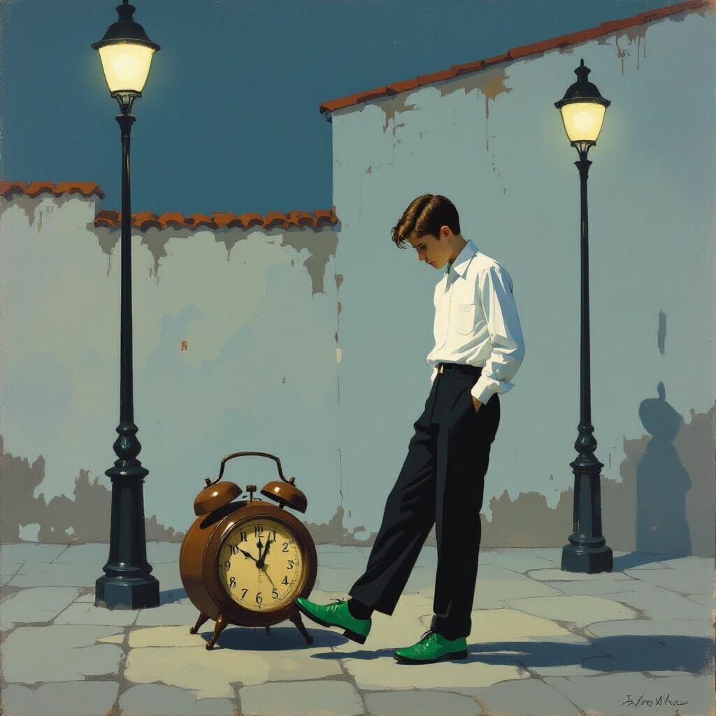 Teen in Courtyard: Edward Hopper-esque Night Scene